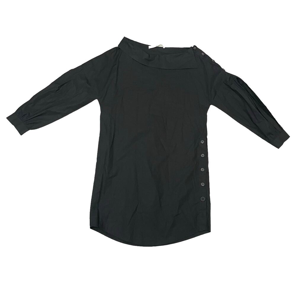 TELA Mini Dress Split Sleeve Button Accent Dropped Shoulders Black Minimalist XS